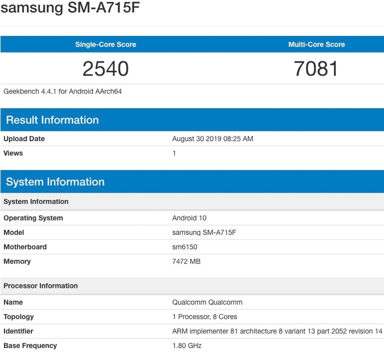 Смартфон Samsung Galaxy A71 на базе Android 10 показался в бенчмарке