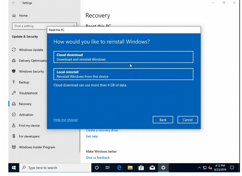 В Windows 10 появилась возможность переустановки системы из облака