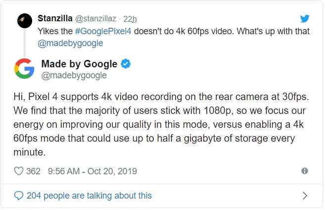 Google объяснила, почему Pixel 4 не поддерживает запись видео 4К с кадровой частотой 60 Гц