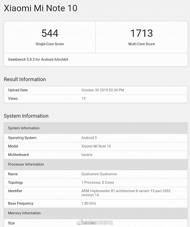 Xiaomi Mi Note 10 и Mi CC9 Pro протестировали в Geekbench. Какие результаты?