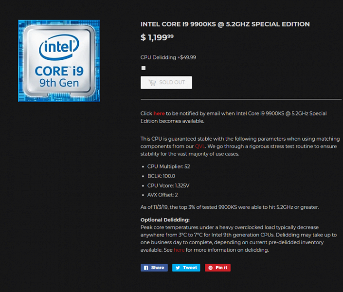 В продаже появились скальпированные и разогнанные Core i9-9900KS. Цены — до $1200 за штуку