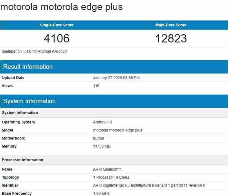 Флагман Motorola Edge+ появился в базе Geekbench с чипом Snapdragon 865 и 12 Гбайт ОЗУ