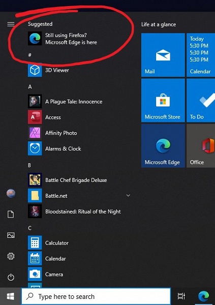 Microsoft запустила откровенную саморекламу в меню «Пуск» Windows 10