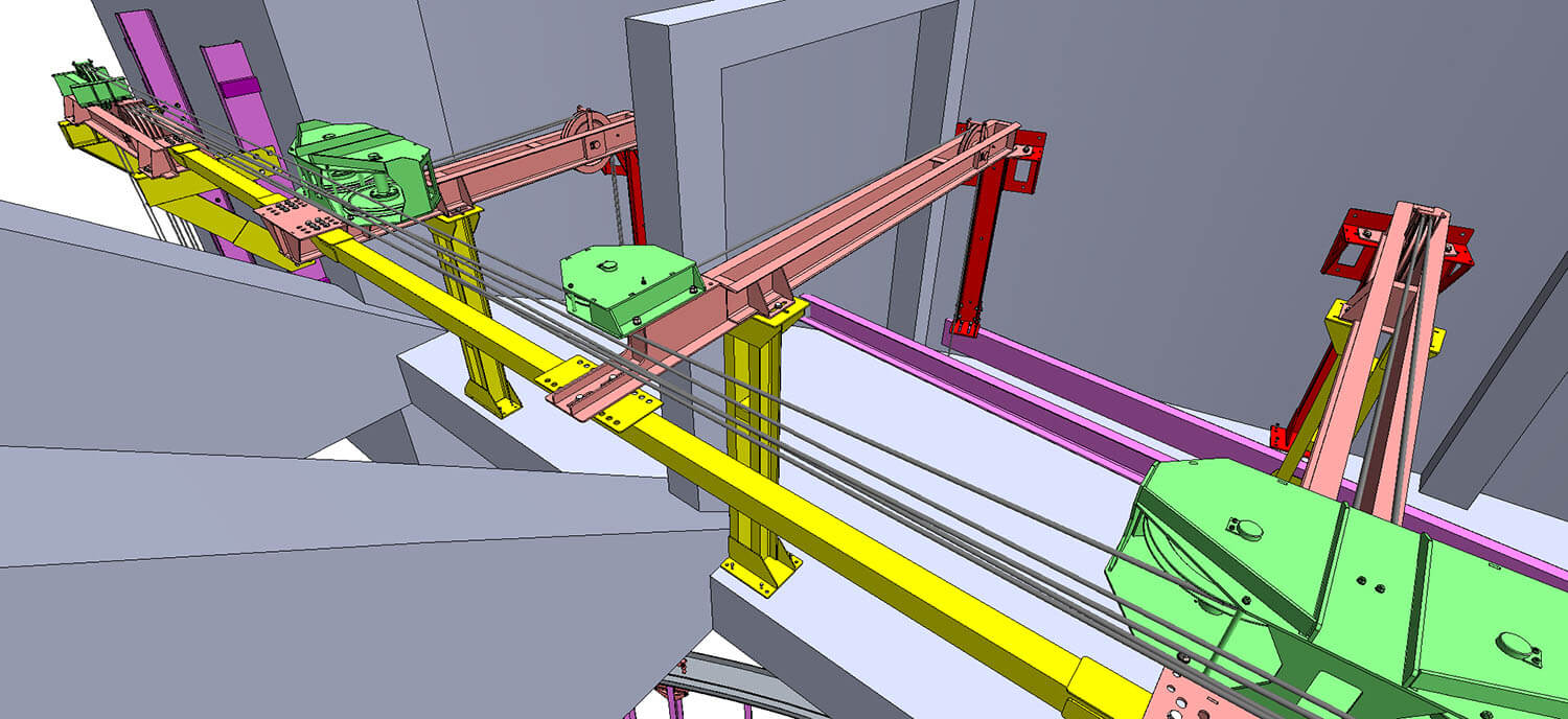 Трассировка канатов в 3D, проектирование канатно-блочной системы подвеса противопожарного занавеса