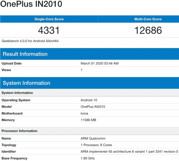 Смартфон OnePlus 8 5G с 12 Гбайт ОЗУ протестирован в Geekbench