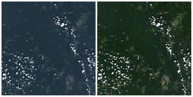 Спутниковый снимок до и после обработки с помощью Sen2Cor
