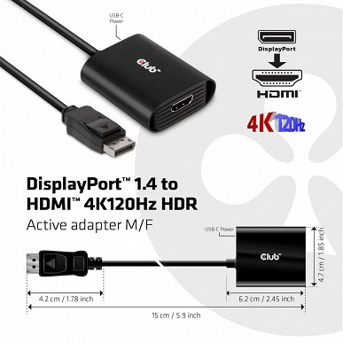Адаптер Club 3D CAC-1085 превращает DisplayPort 1.4 в HDMI с поддержкой разрешения 4K и кадровой частоты 120 Гц