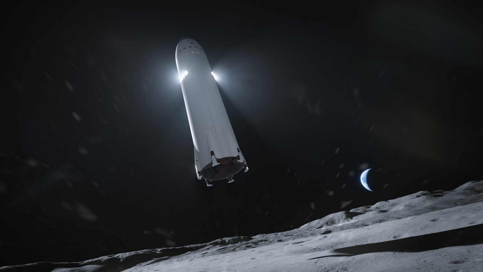 Лунный посадочный вариант Starship без аэродинамических поверхностей, с дополнительными двигателями посадки в верхней части корпуса, в представлении художника