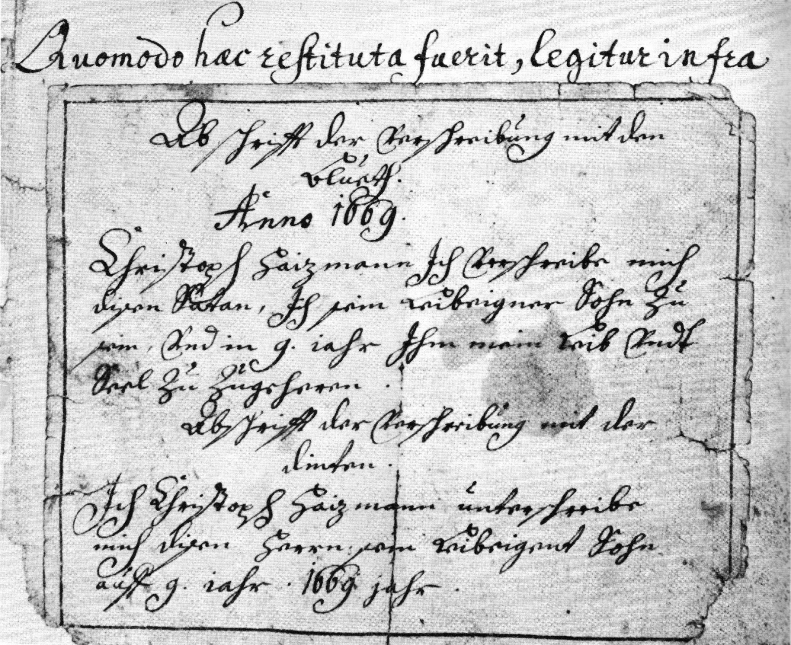 Copy of a written deal by Christoph Haizmann from 1669.