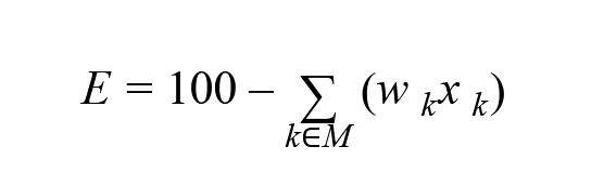 E ∈ [0, 100] ‒ оценка доверия (если E < 0, то E=0), xk ‒ усредненное за сеанс значение метрики k, wk ‒ весовой коэффициент метрики k, M ∈ {b1,b2,c1,c2,...} ‒ метрики