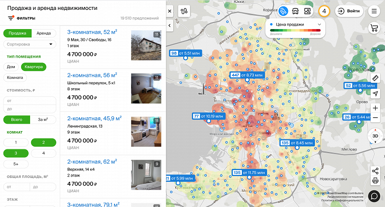 В 2ГИС появились «тепловые» карты с ценами на квартиры