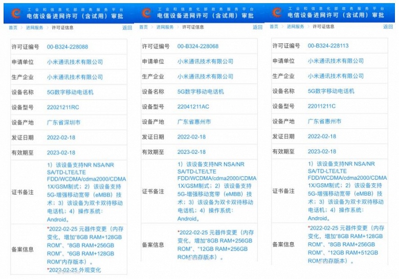 Китайский регулятор раскрыл все конфигурации памяти Redmi K50, K50 Pro и K50 Pro+