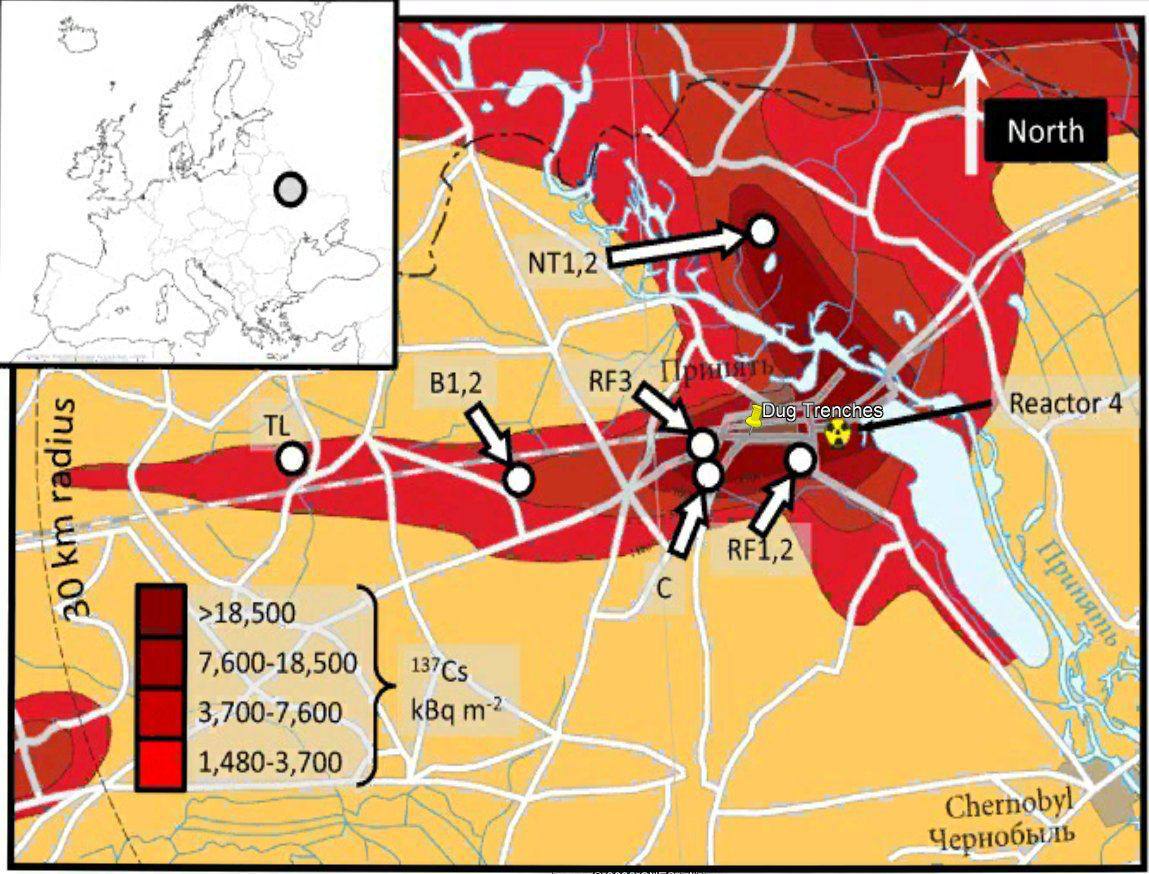 Карта загрязнения 30-км зоны вокруг ЧАЭС по Cs-137 из работы [5]
