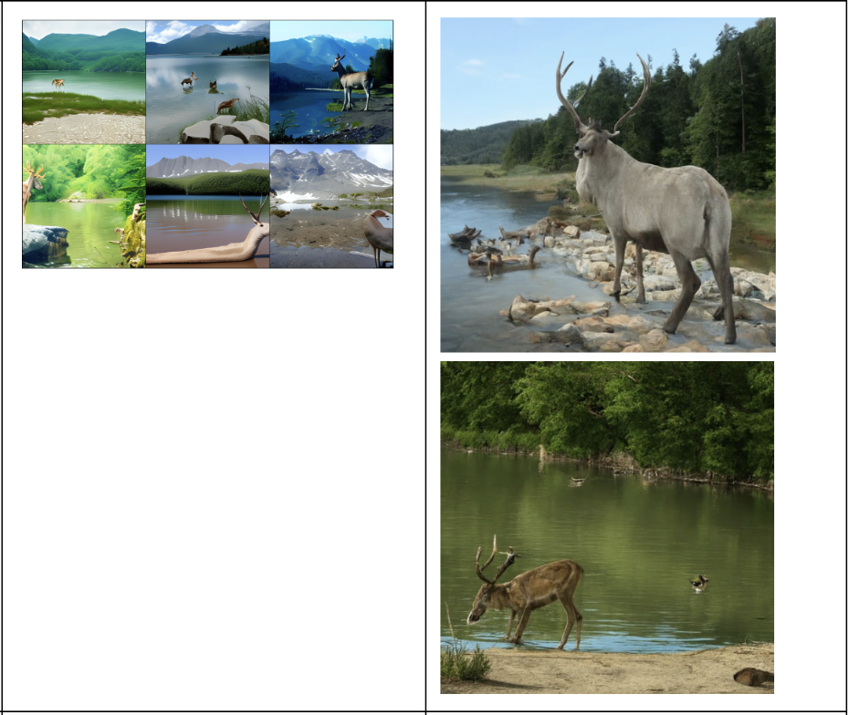 Озеро в горах, а рядом красивый олень пьёт воду (ruDALL-E XL vs Kandinsky)