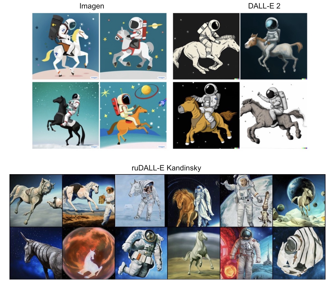 Запрос: «Лошадь, скачущая на космонавте»Источник верхнего изображения: https://arxiv.org/pdf/2205.11487.pdf