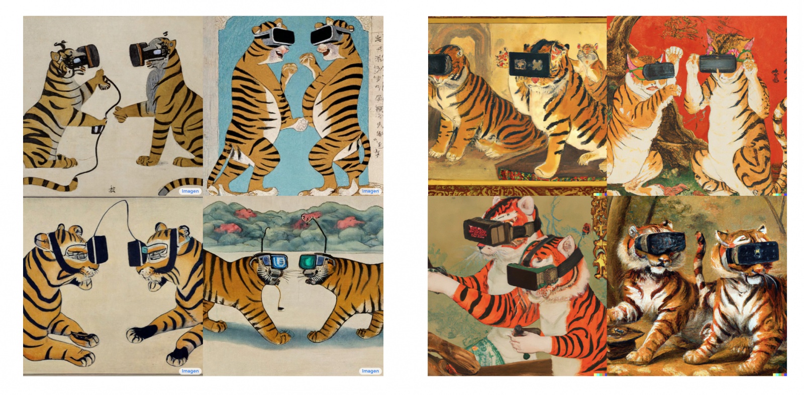 Запрос: “Oriental painting of tigers wearing VR headsets during the Song dynasty” (“Ориентальная картина с тиграми в очках виртуальной реальности времен династии Сун”), слева Imagen, справа – DALL-E 2Источник:  https://twitter.com/hardmaru/status/1532757753797586944