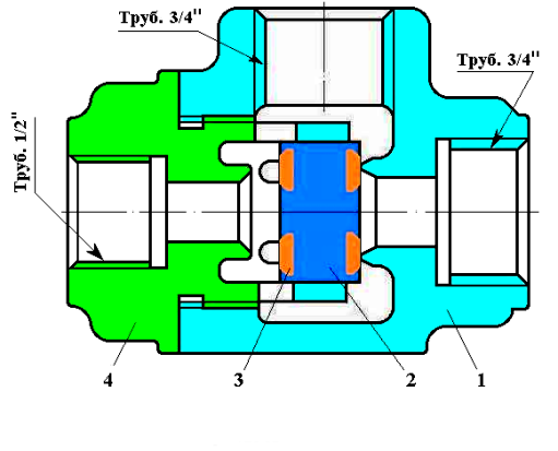 Переключательный клапан усл. №3ПК: 1 - корпус, 2 - клапан, 3 - прокладка, 4 - крышка.