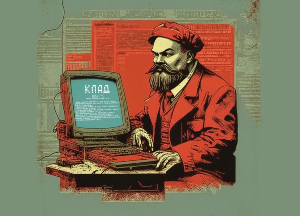 Промт: Старый компьютер, рабочий, Ленин, ретро стиль