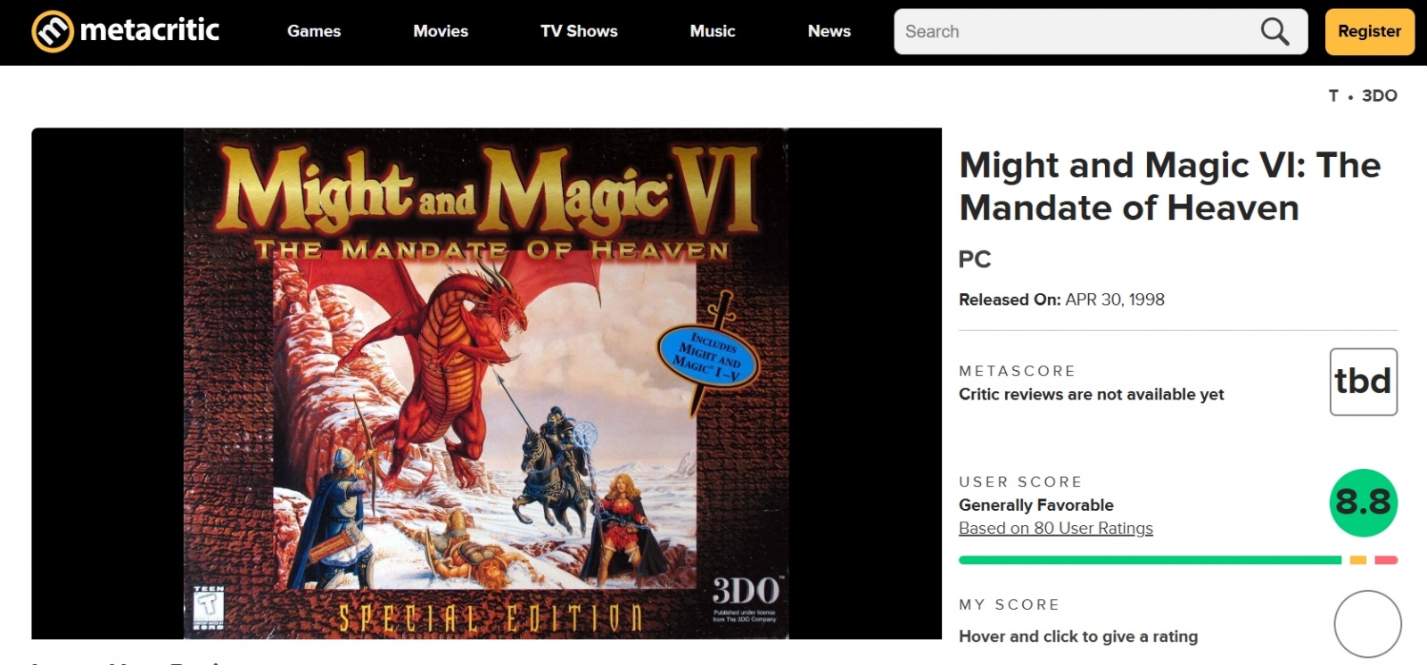 В те годы, когда вышла «Меч и Магия 6» , «Метакритик» ещё не существовало, отчего мнения профильной прессы найти там не получится, но то, как игру оценивают геймеры, – вполне!  