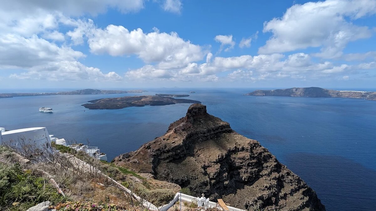 панорама современной кальдеры Санторини с видом на островки вулканического происхождения