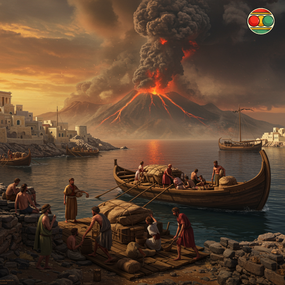 художественная реконструкция эвакуации жителей Акротири на кораблях