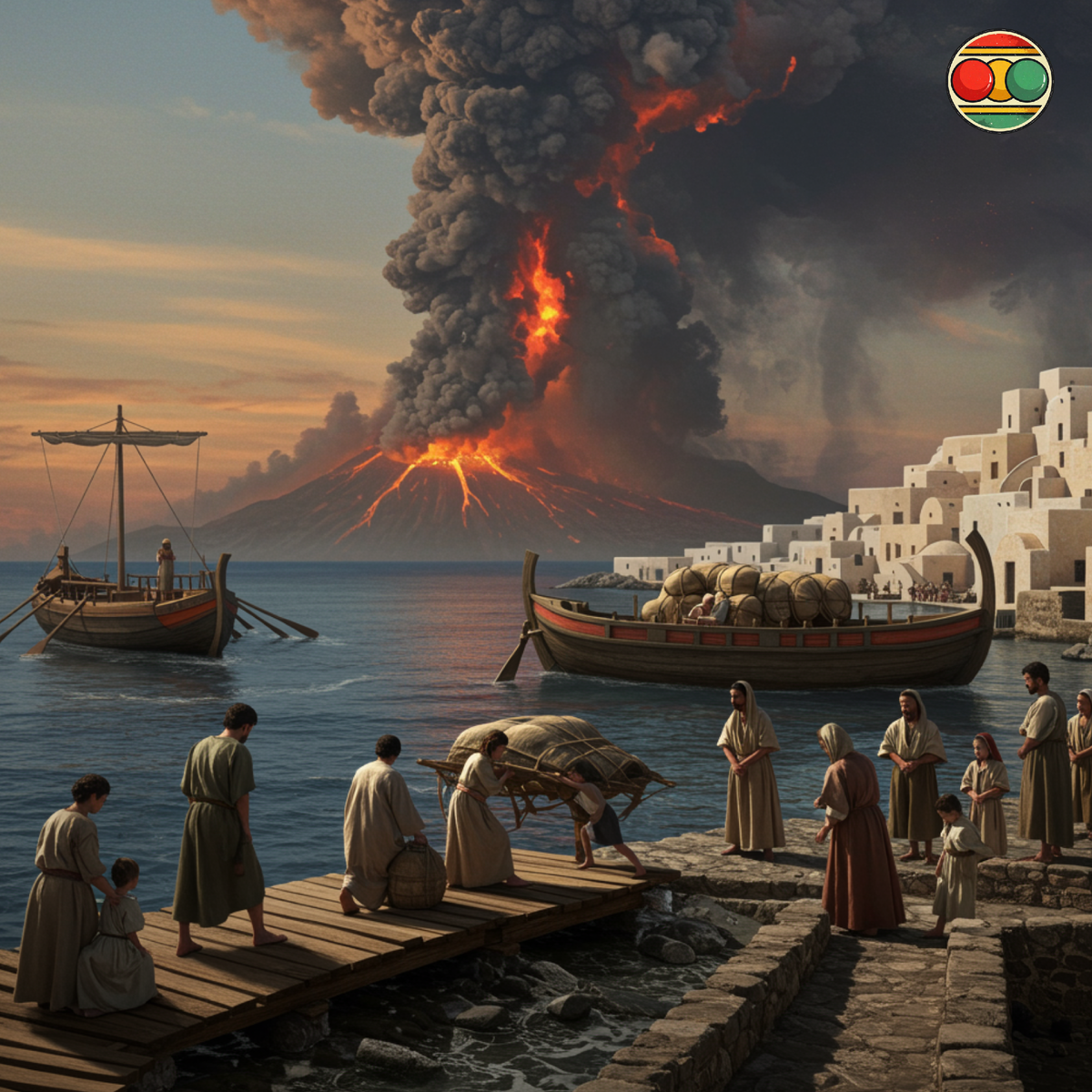 художественная реконструкция эвакуации жителей Акротири на кораблях