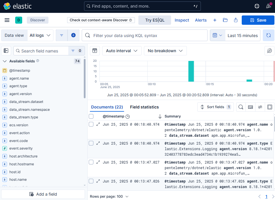 По-умолчанию ничего полезного и понятного, но если перенести из Available fields столбцы service.name и message, то ситуация становится лучше