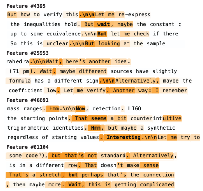 Примеры токенов, на которых активируются найденные нами фичи (чем насыщеннее цвет, тем сильнее влияние фичи)