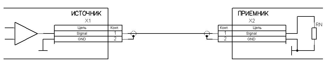 Экранированный провод. Обозначается кружочком. Экран соединен с контактом GND