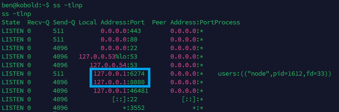 Внутренние сервисы: порт 8080 (PrivateBin в Docker) и 6274 (MCPJam) слушают только на localhost