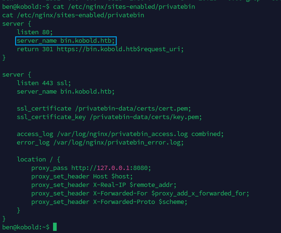 Nginx конфиг раскрывает сабдомен bin.kobold.htb, проксирующий на localhost:8080