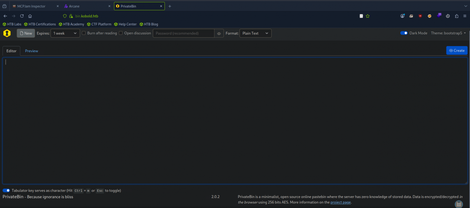 PrivateBin 2.0.2 на bin.kobold.htb