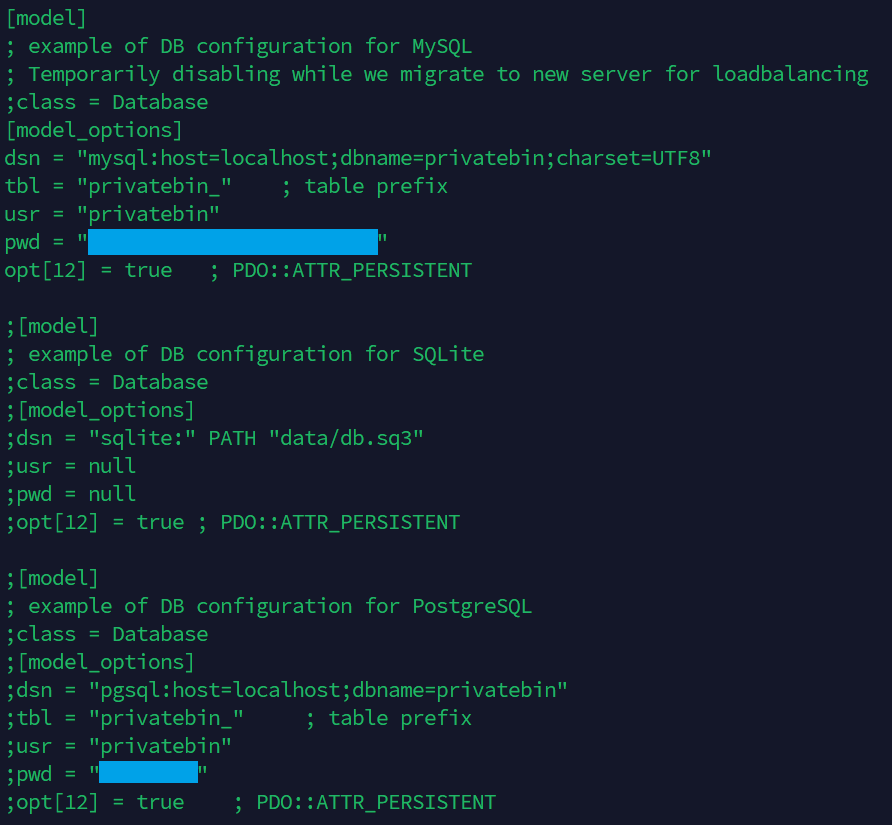 MySQL credentials в конфиге - пароль найден, username: privatebin
