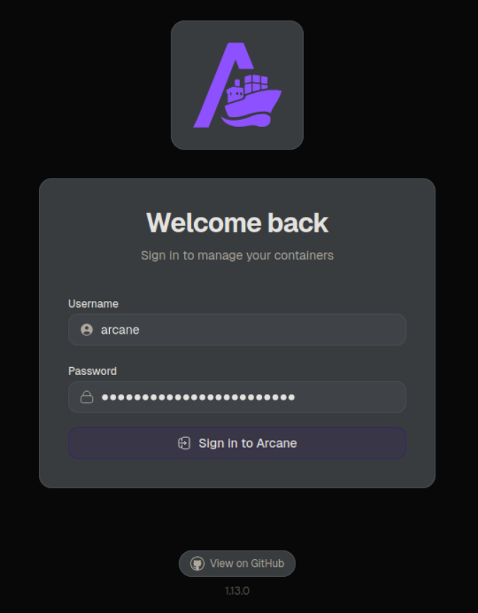 Credential reuse - дефолтный логин arcane + leaked password дает доступ к Arcane