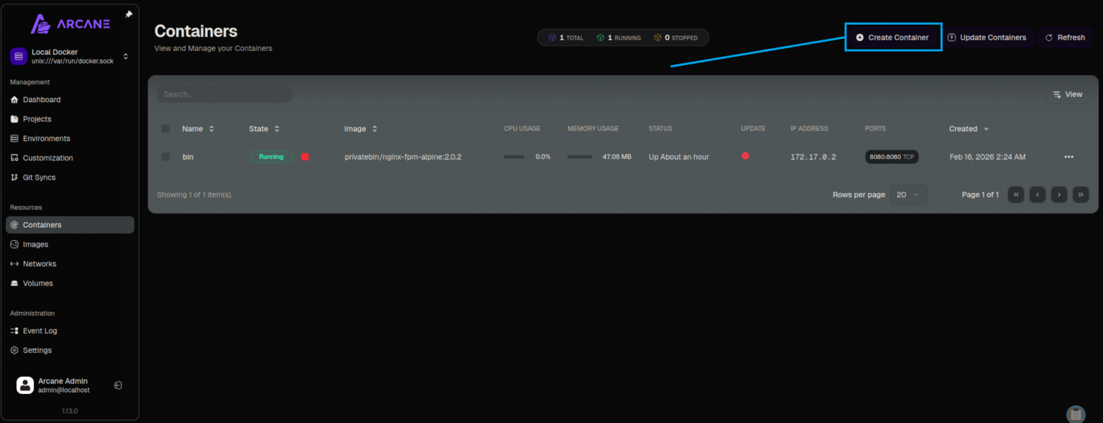 Containers - создаем новый контейнер через Create Container
