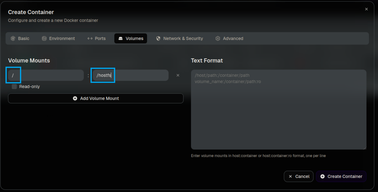 Volumes - монтируем корень хоста (/) в /hostfs контейнера