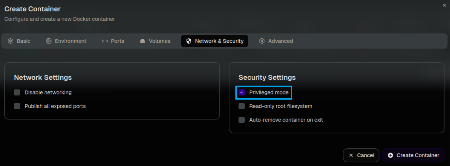 Privileged mode включен - контейнер получит полные привилегии