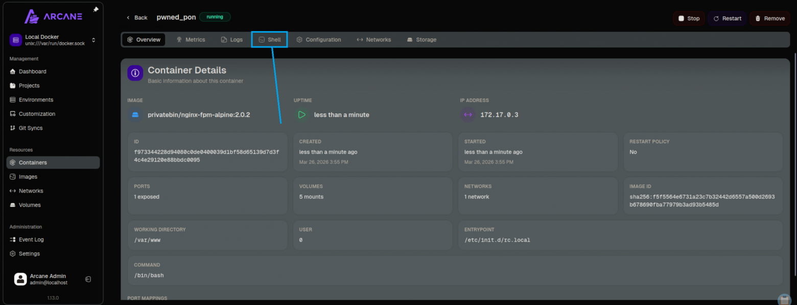 Контейнер запущен - user 0. Переходим в Shell