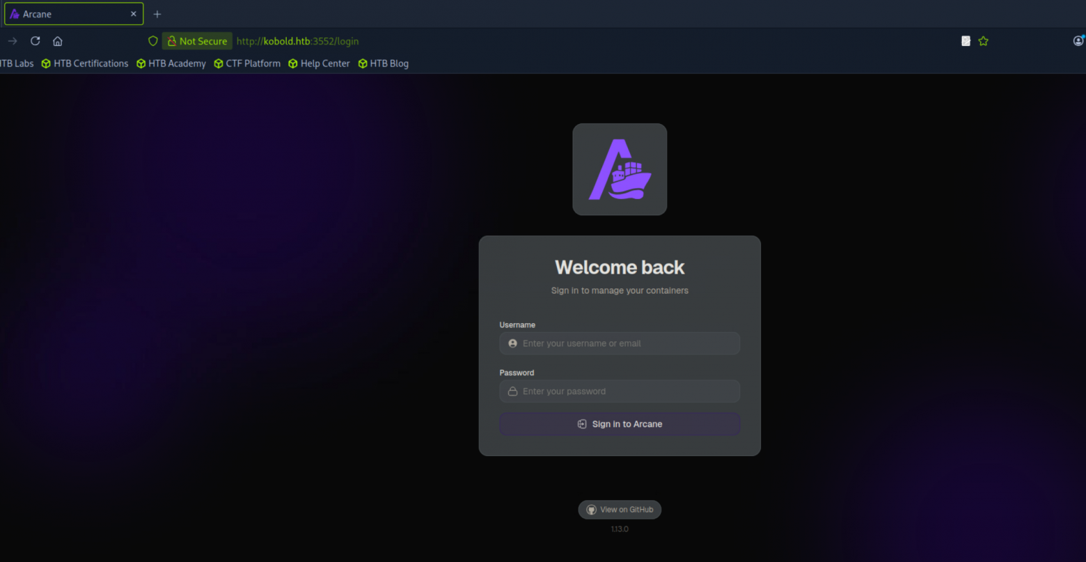 Arcane v1.13.0 - Docker management dashboard на порту 3552. Требует аутентификации