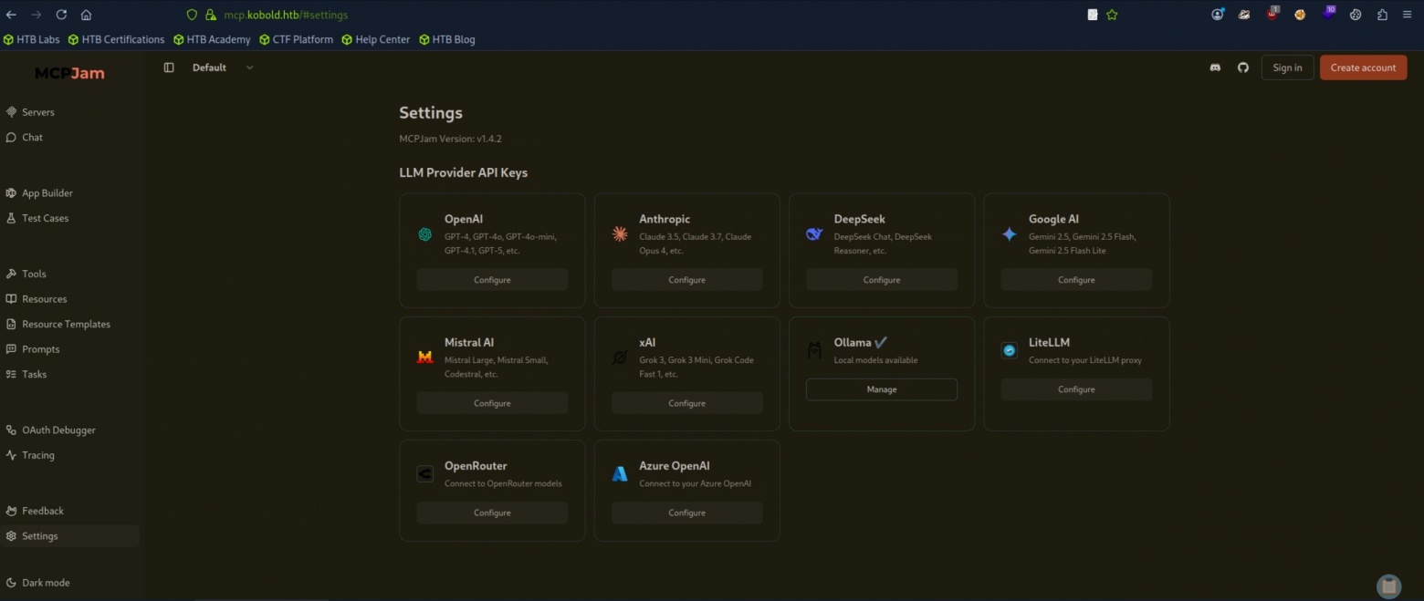 MCPJam Inspector v1.4.2 - Settings также доступны без аутентификации, Ollama подключен