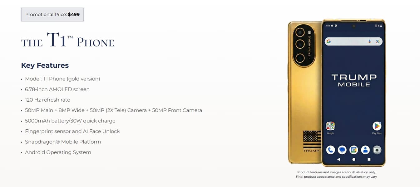 Да, «смартфон Трампа» действительно будет выглядеть так. Trump Mobile обновила изображения T1 Phone на своём сайте - 1
