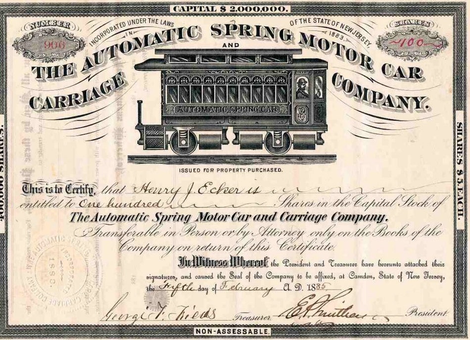 Акция «Automatic Spring Motor Car & Carriage Company». Отсюда: https://vikond65.livejournal.com/2575490.html