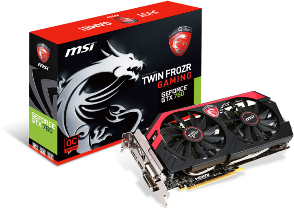 3D-карты MSI GeForce GTX 760 Gaming оснащены системой охлаждения Twin Frozr IV Advanced с двумя 100-миллиметровыми вентиляторами