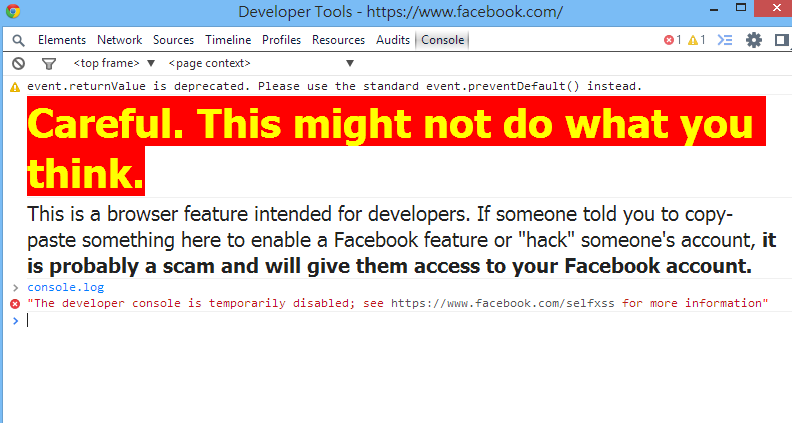 Facebook пытается блокировать консоль разработчика в браузере Chrome