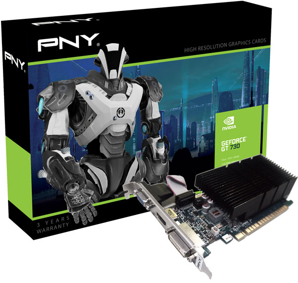 Графическая карта PNY GeForce GT 730 оснащена интерфейсом PCI Express 3.0 8x и видеовыходами DVI, VGA и HDMI