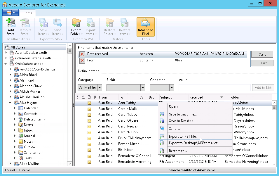 Рис. 11. Veeam Explorer for Microsoft Exchange: Восстановление объектов из резервной копии Microsoft Exchang