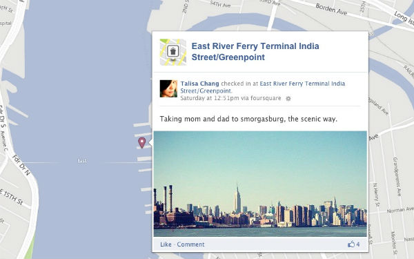 Чекины Foursquare теперь отображаются на картах Facebook Timeline