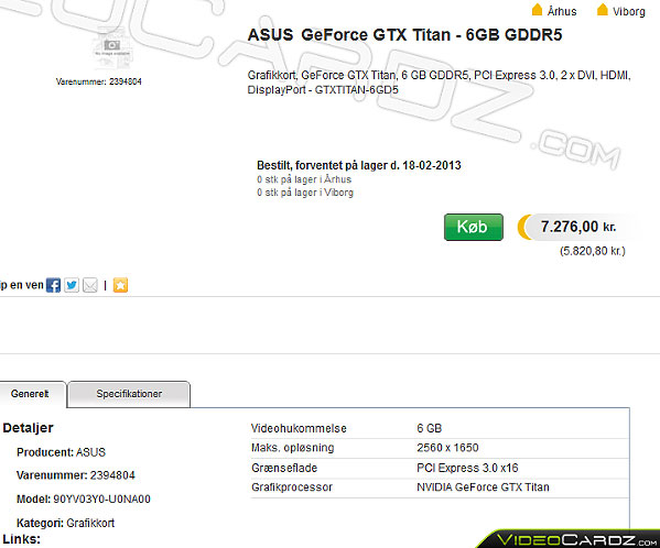 ASUS GeForce GTX Titan оценена датским магазином Proshop в $1300
